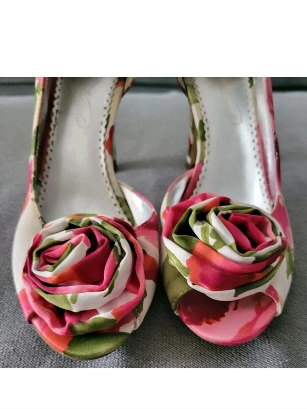 Y2k Michelangelo Bloom Satin Peep Toe Rose Bud Pumps Heels Leather Pink Sage 7.5